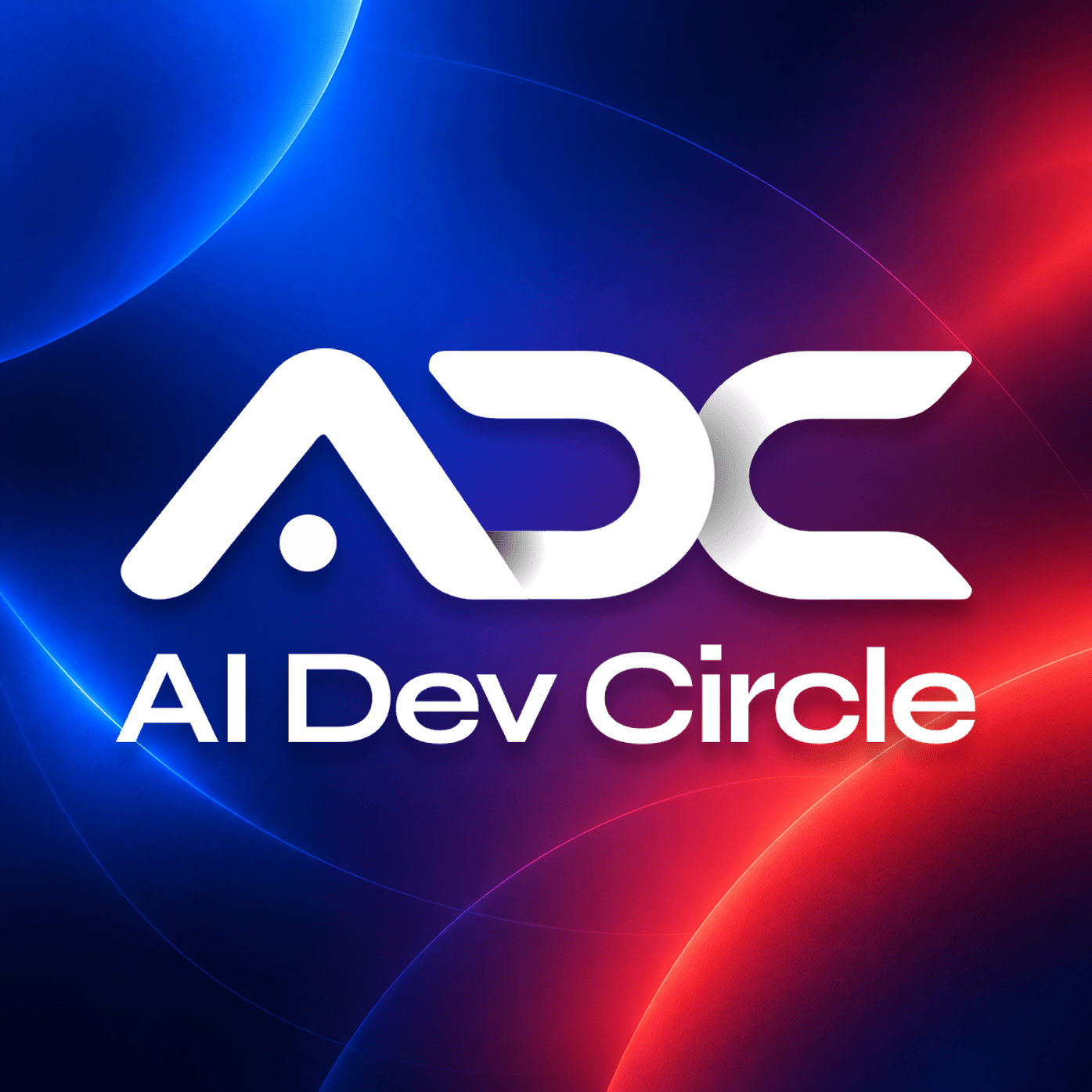 AI Dev Circle logo on blue and coral orbital artwork